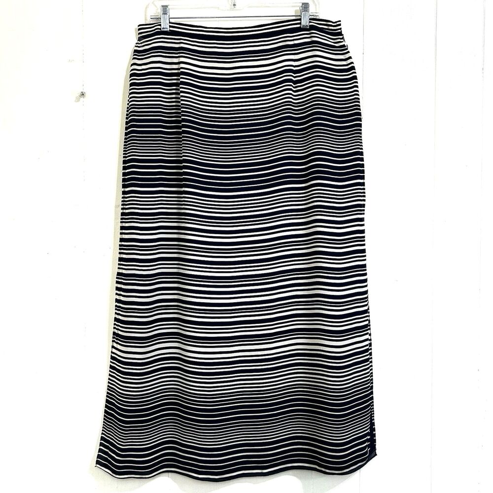 Rena Rowan Women’s Blue and White Striped Midi Skirt 100% Silk Size 16 Slits